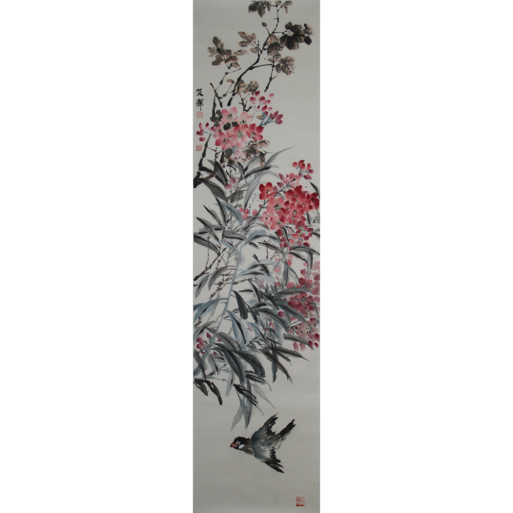 花鸟（红续） 艾辉  4尺对开（138X34）