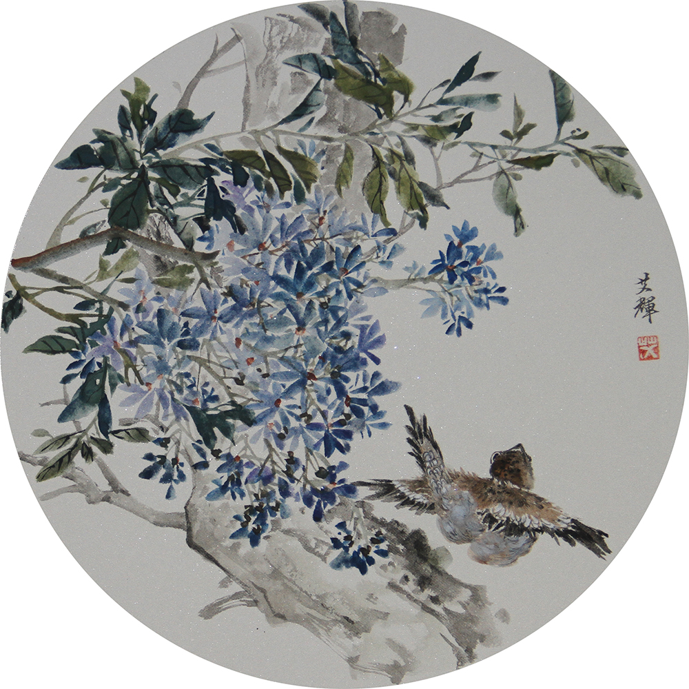 花鸟（紫花盛开） 艾辉  圆（33X33）